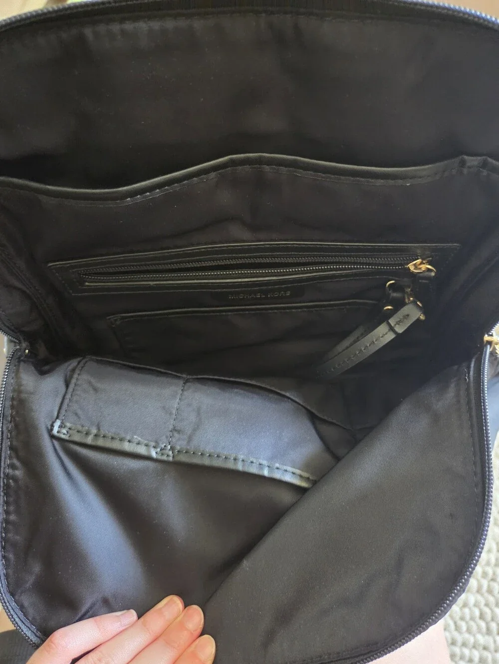 Michael Kors Polly Medium Nylon Backpack Black Gold Lightweight